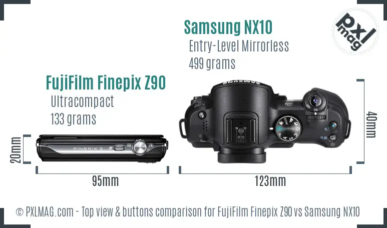 FujiFilm Finepix Z90 vs Samsung NX10 top view buttons comparison
