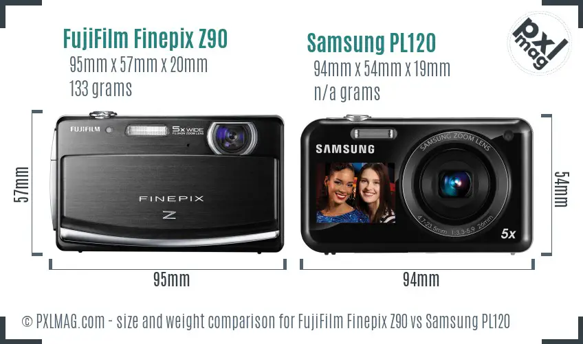 FujiFilm Finepix Z90 vs Samsung PL120 size comparison
