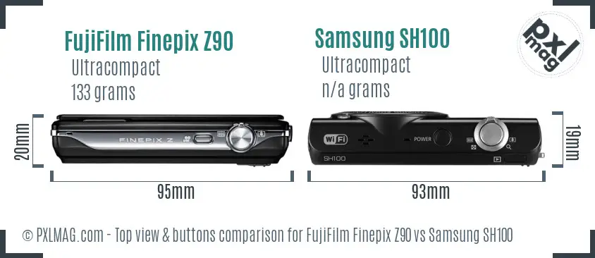 FujiFilm Finepix Z90 vs Samsung SH100 top view buttons comparison