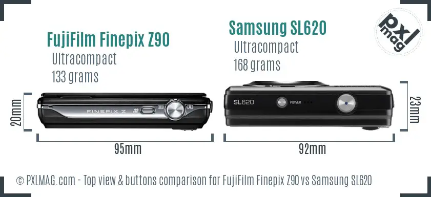 FujiFilm Finepix Z90 vs Samsung SL620 top view buttons comparison