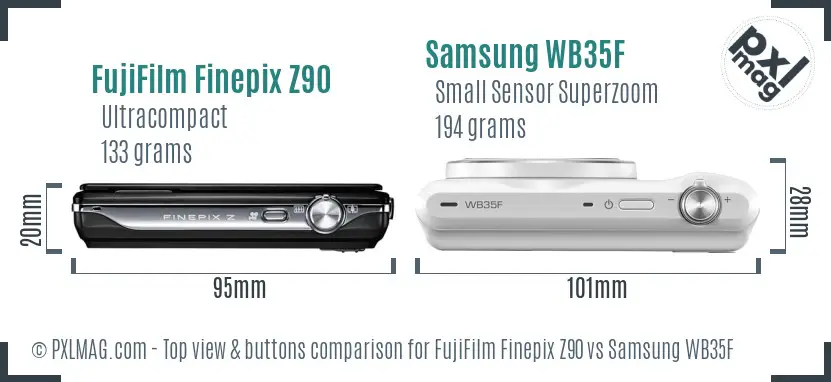 FujiFilm Finepix Z90 vs Samsung WB35F top view buttons comparison