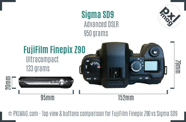 FujiFilm Finepix Z90 vs Sigma SD9 top view buttons comparison