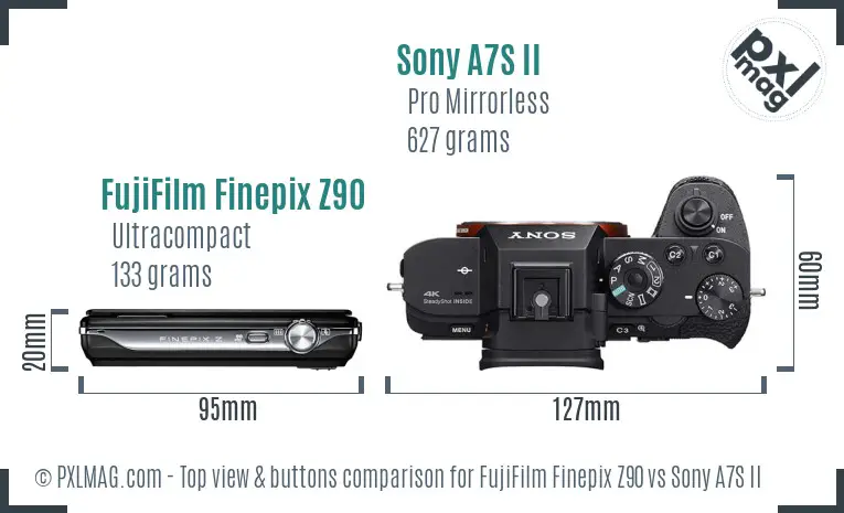 FujiFilm Finepix Z90 vs Sony A7S II top view buttons comparison