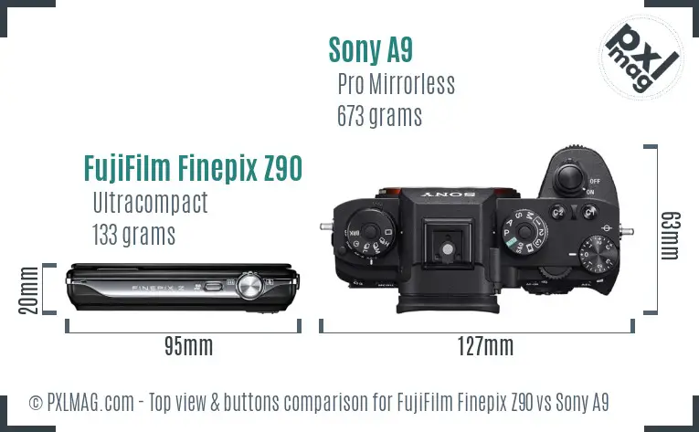 FujiFilm Finepix Z90 vs Sony A9 top view buttons comparison