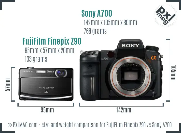 FujiFilm Finepix Z90 vs Sony A700 size comparison FujiFilm Finepix Z90 vs Sony A700 size comparison