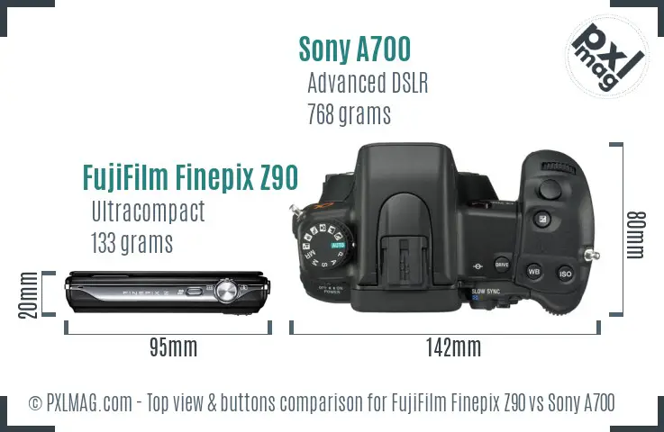 FujiFilm Finepix Z90 vs Sony A700 top view buttons comparison FujiFilm Finepix Z90 vs Sony A700 top view buttons comparison