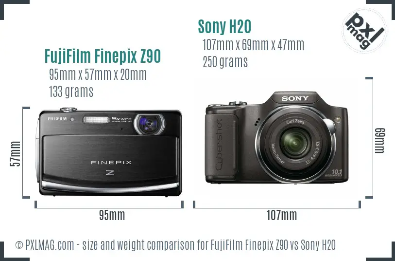 FujiFilm Finepix Z90 vs Sony H20 size comparison