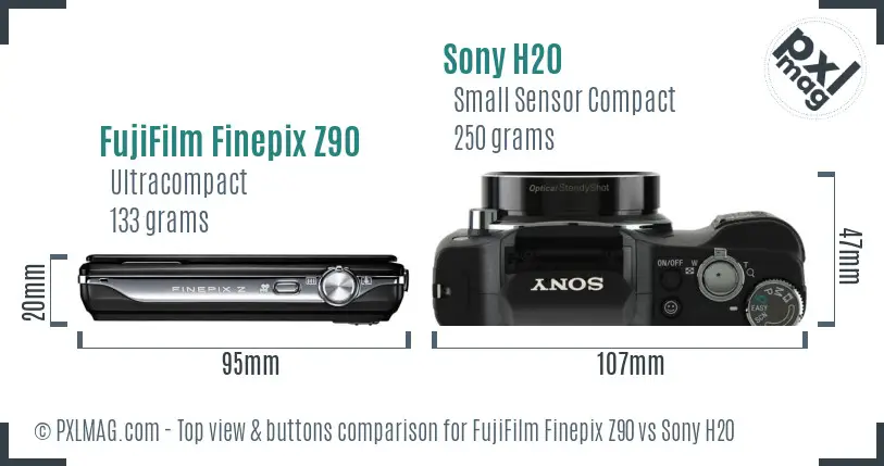FujiFilm Finepix Z90 vs Sony H20 top view buttons comparison