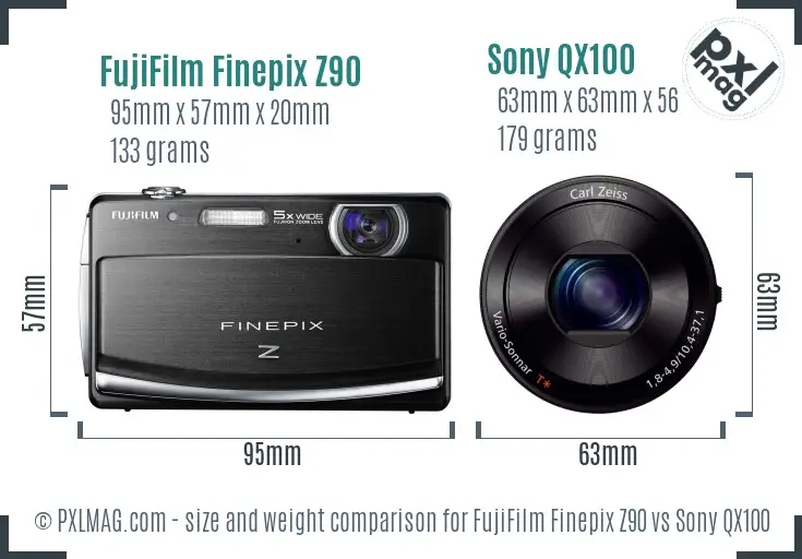 FujiFilm Finepix Z90 vs Sony QX100 size comparison