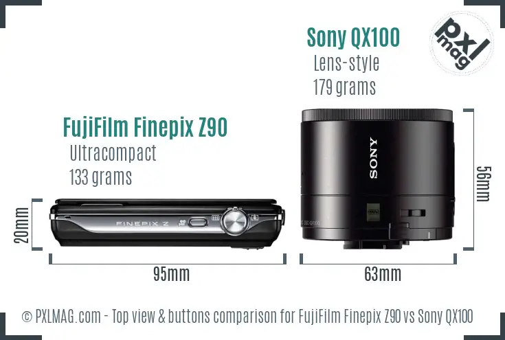 FujiFilm Finepix Z90 vs Sony QX100 top view buttons comparison