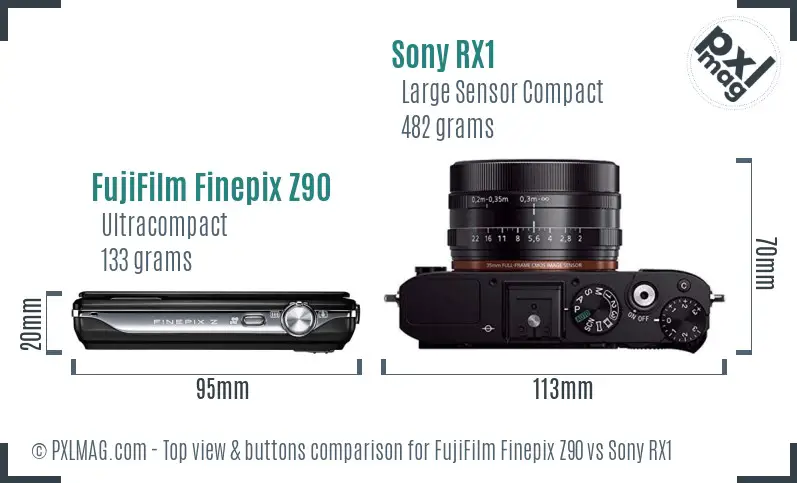 FujiFilm Finepix Z90 vs Sony RX1 top view buttons comparison