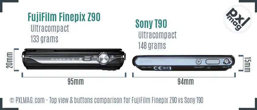 FujiFilm Finepix Z90 vs Sony T90 top view buttons comparison