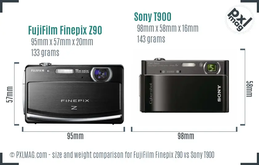 FujiFilm Finepix Z90 vs Sony T900 size comparison