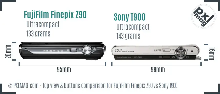 FujiFilm Finepix Z90 vs Sony T900 top view buttons comparison