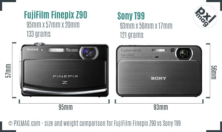 FujiFilm Finepix Z90 vs Sony T99 size comparison