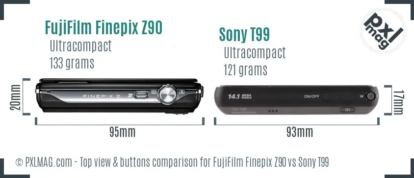 FujiFilm Finepix Z90 vs Sony T99 top view buttons comparison