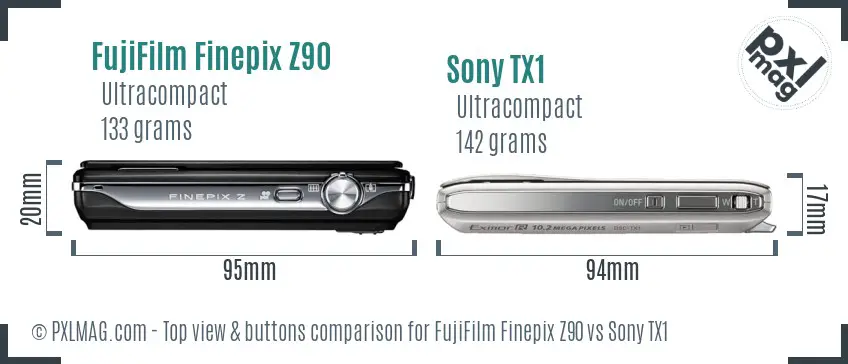 FujiFilm Finepix Z90 vs Sony TX1 top view buttons comparison