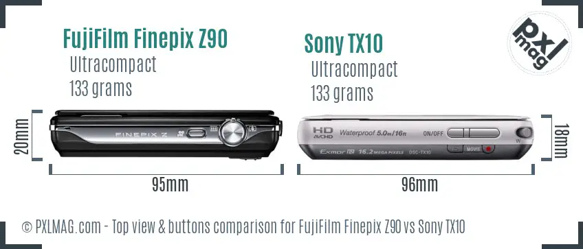 FujiFilm Finepix Z90 vs Sony TX10 top view buttons comparison