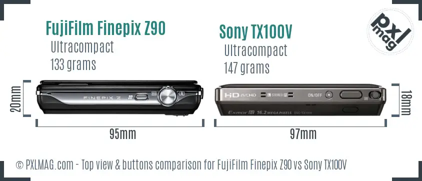 FujiFilm Finepix Z90 vs Sony TX100V top view buttons comparison