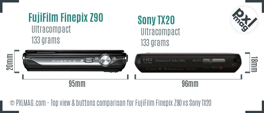 FujiFilm Finepix Z90 vs Sony TX20 top view buttons comparison