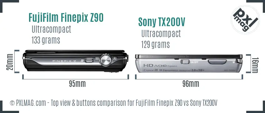 FujiFilm Finepix Z90 vs Sony TX200V top view buttons comparison