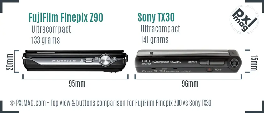 FujiFilm Finepix Z90 vs Sony TX30 top view buttons comparison