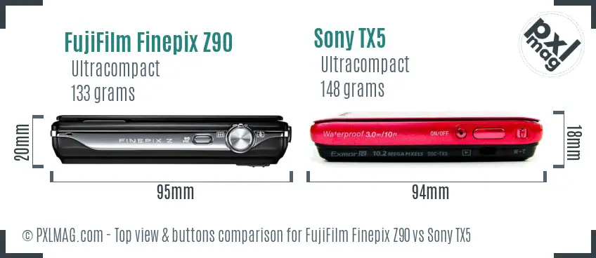 FujiFilm Finepix Z90 vs Sony TX5 top view buttons comparison