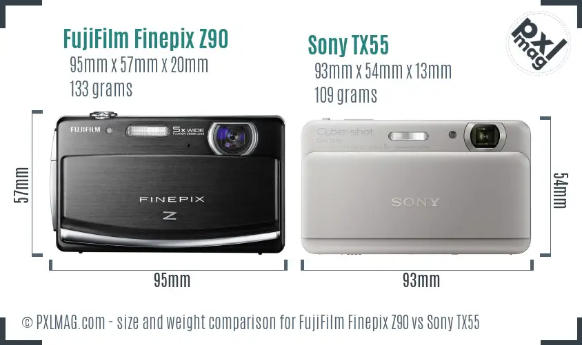 FujiFilm Finepix Z90 vs Sony TX55 size comparison