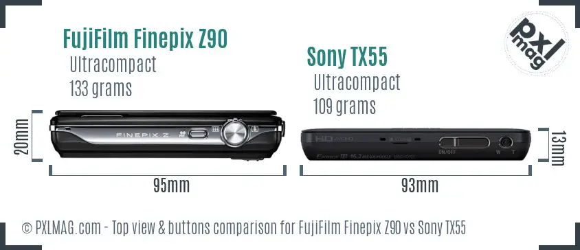 FujiFilm Finepix Z90 vs Sony TX55 top view buttons comparison