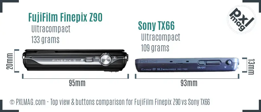 FujiFilm Finepix Z90 vs Sony TX66 top view buttons comparison