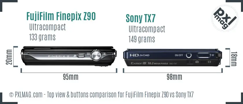 FujiFilm Finepix Z90 vs Sony TX7 top view buttons comparison FujiFilm Finepix Z90 vs Sony TX7 top view buttons comparison