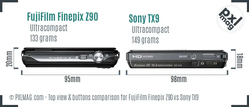 FujiFilm Finepix Z90 vs Sony TX9 top view buttons comparison