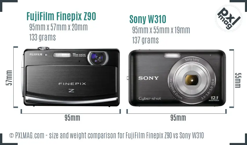 FujiFilm Finepix Z90 vs Sony W310 size comparison