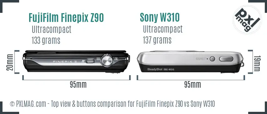 FujiFilm Finepix Z90 vs Sony W310 top view buttons comparison