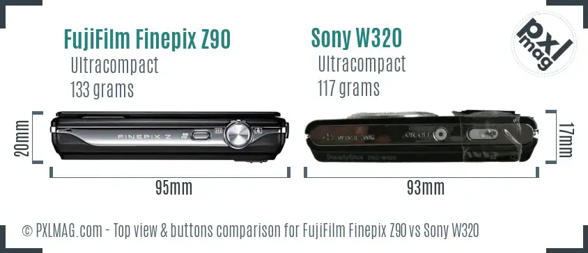 FujiFilm Finepix Z90 vs Sony W320 top view buttons comparison