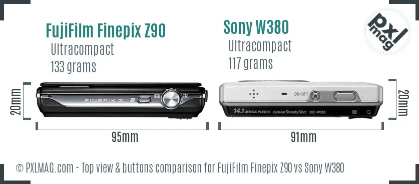 FujiFilm Finepix Z90 vs Sony W380 top view buttons comparison