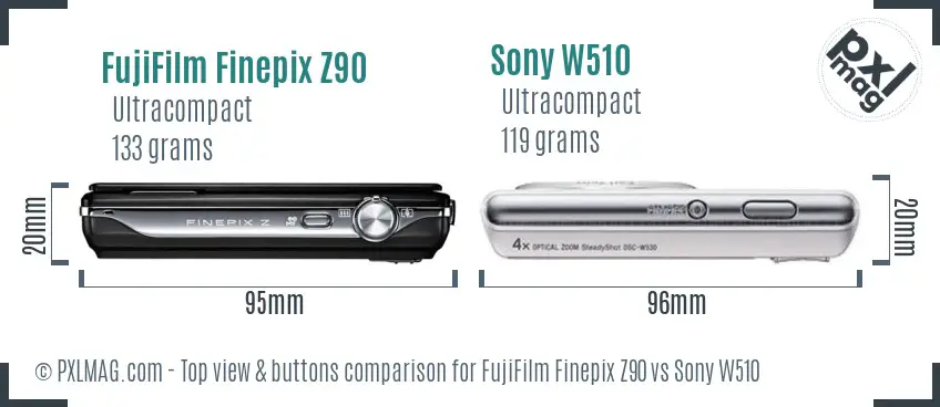 FujiFilm Finepix Z90 vs Sony W510 top view buttons comparison