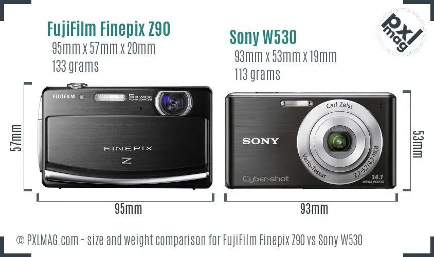 FujiFilm Finepix Z90 vs Sony W530 size comparison