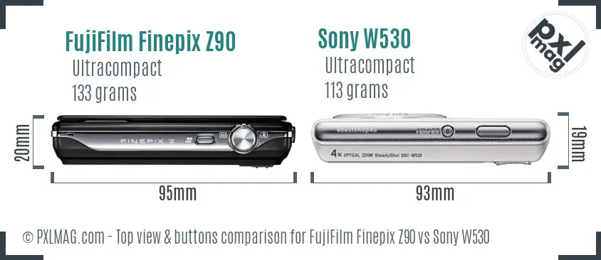FujiFilm Finepix Z90 vs Sony W530 top view buttons comparison