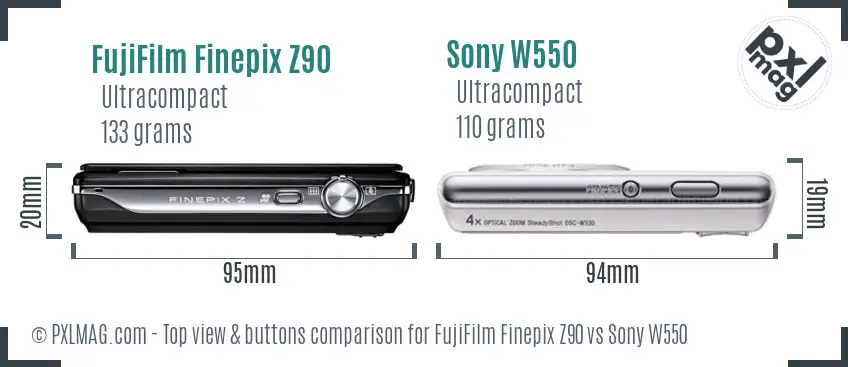 FujiFilm Finepix Z90 vs Sony W550 top view buttons comparison