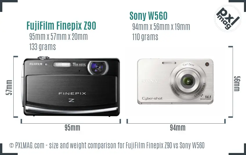 FujiFilm Finepix Z90 vs Sony W560 size comparison