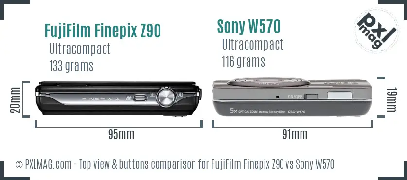 FujiFilm Finepix Z90 vs Sony W570 top view buttons comparison FujiFilm Finepix Z90 vs Sony W570 top view buttons comparison