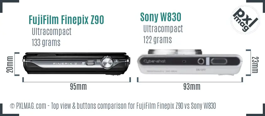 FujiFilm Finepix Z90 vs Sony W830 top view buttons comparison
