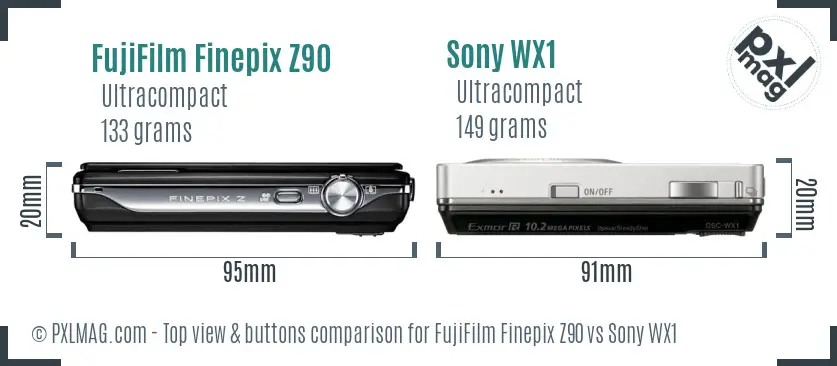 FujiFilm Finepix Z90 vs Sony WX1 top view buttons comparison