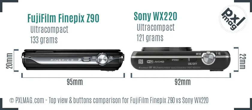 FujiFilm Finepix Z90 vs Sony WX220 top view buttons comparison