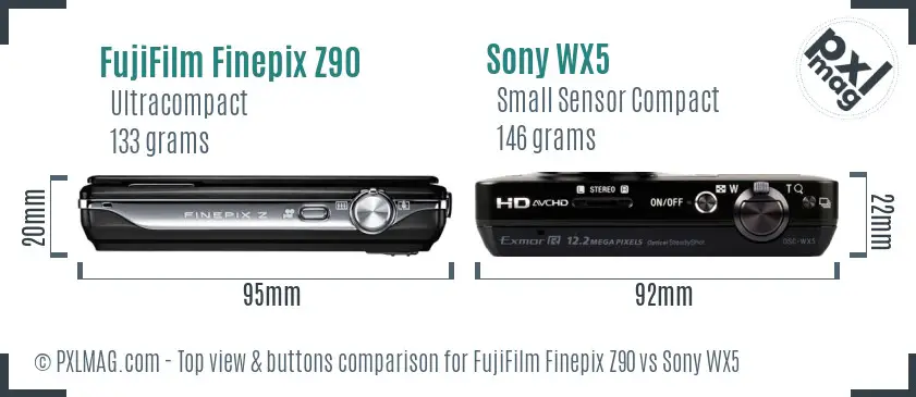 FujiFilm Finepix Z90 vs Sony WX5 top view buttons comparison