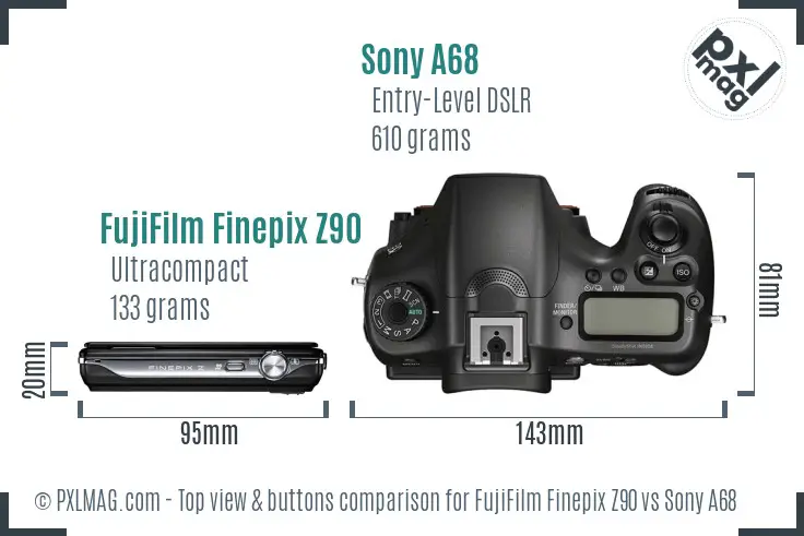 FujiFilm Finepix Z90 vs Sony A68 top view buttons comparison