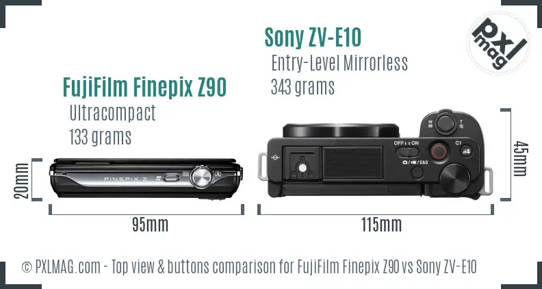 FujiFilm Finepix Z90 vs Sony ZV-E10 top view buttons comparison FujiFilm Finepix Z90 vs Sony ZV-E10 top view buttons comparison