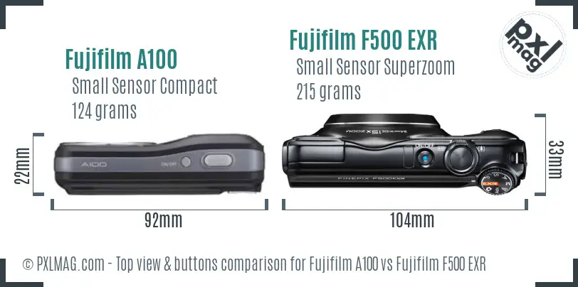 Fujifilm A100 vs Fujifilm F500 EXR top view buttons comparison Fujifilm A100 vs Fujifilm F500 EXR top view buttons comparison