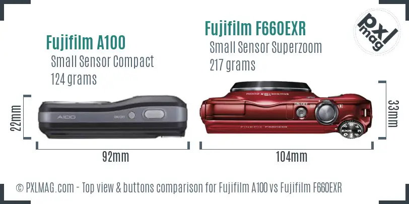 Fujifilm A100 vs Fujifilm F660EXR top view buttons comparison